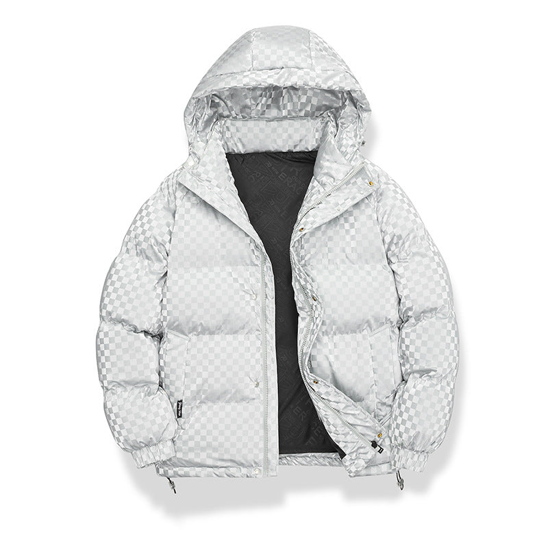 Herren Hochglänzende gesteppte Thermojacke mit Kapuze & Karo‑Struktur Echoarchiv