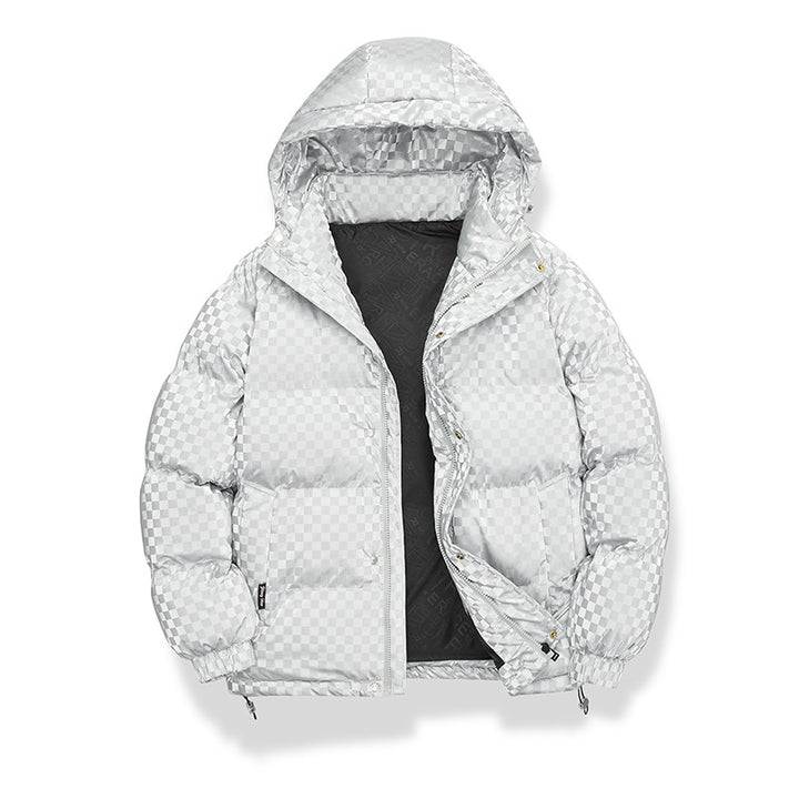 Herren Hochglänzende gesteppte Thermojacke mit Kapuze & Karo‑Struktur Echoarchiv