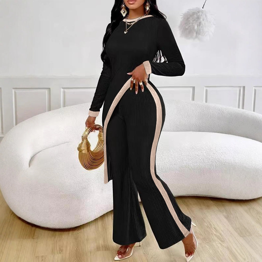 Damen nan eleganter Rippen-Jumpsuit mit asymmetrischer Wickeloptik, taillierendem Cut-Out und kontrastierenden Seitenstreifen Echo Archiv