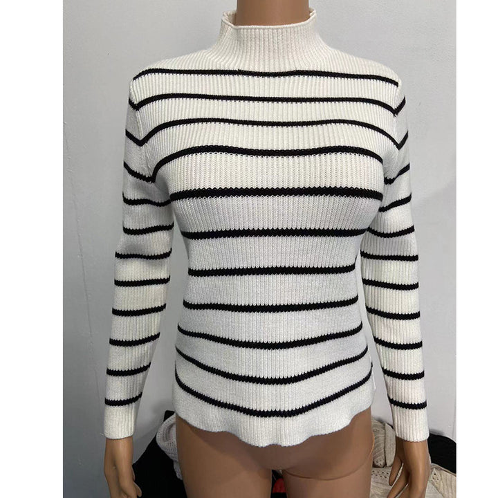 Damen Feinstrick-Pullover mit kurzem Stehkragen, Rippenstruktur und maritimen Streifen Echo Archiv