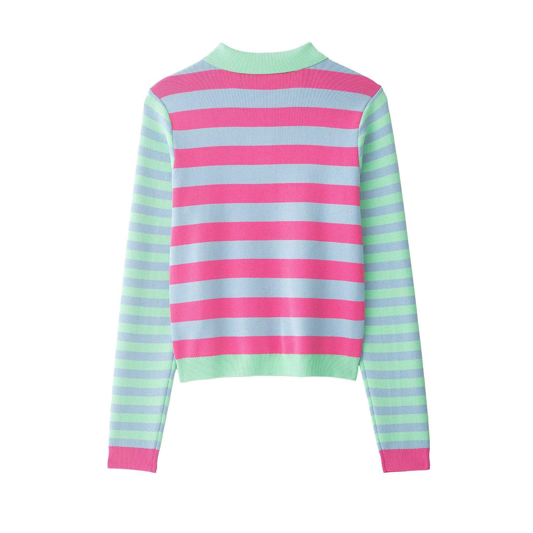 Damen Gestreifte Kurzjacke-Cardigan mit Polokragen und Knopfleiste Echo Archiv