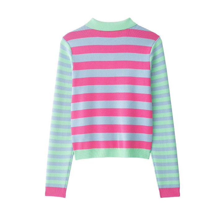 Damen Gestreifte Kurzjacke-Cardigan mit Polokragen und Knopfleiste Echo Archiv