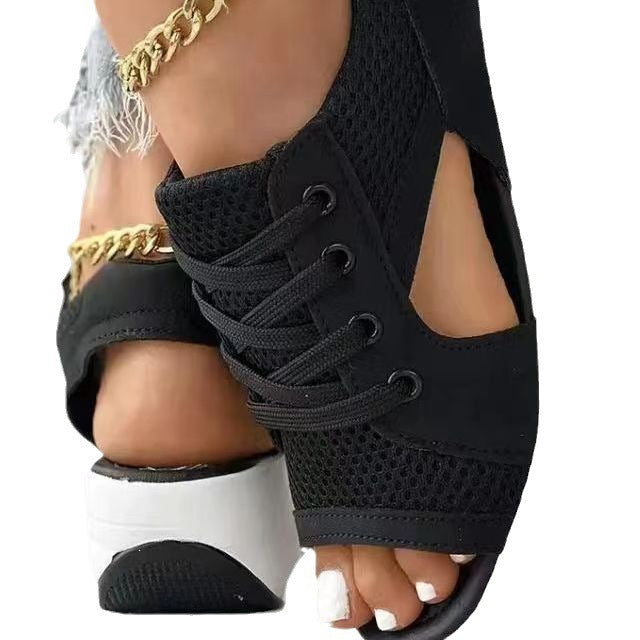 Damen Sportive Keilsandaletten mit atmungsaktivem Mesh, offenen Zehen und Schnürung – Sorelia