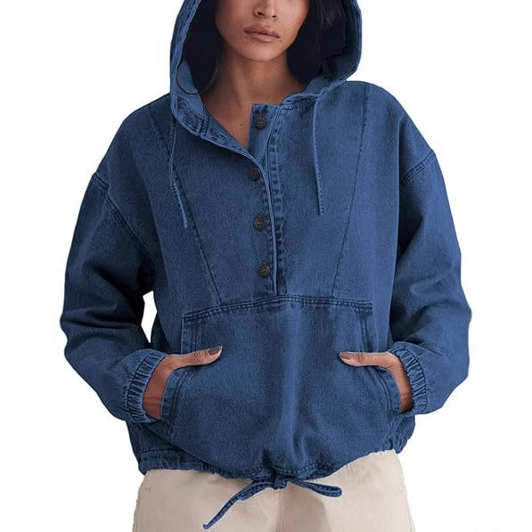 Damen Jeans-Halbanorak mit Kapuze, Kängurutasche und Tunnelzug Echoarchiv