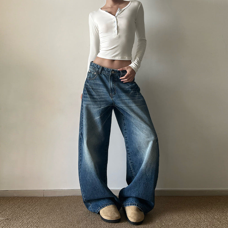 Damen Ultraweite Vintage-Denim Marlene-Jeans mit soften Used-Falten und bodenlangem Saum Echo Archiv