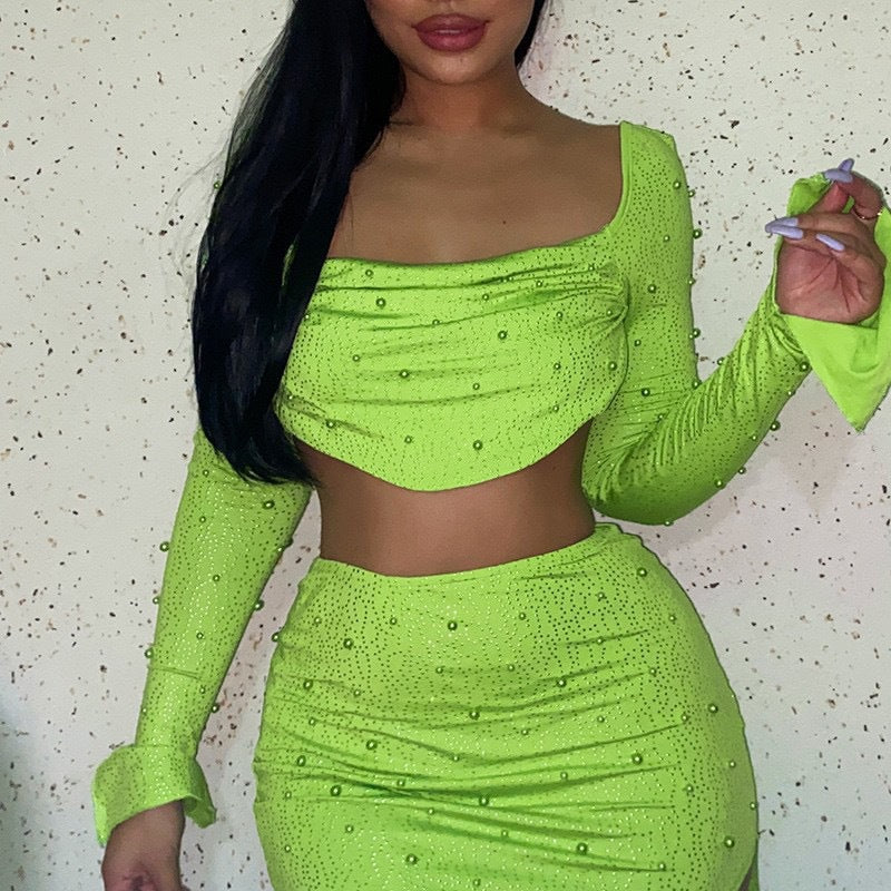 Damen Elegantes Crop-Top mit langen, transparenten Ärmeln und funkelnden Akzenten Echo Archiv