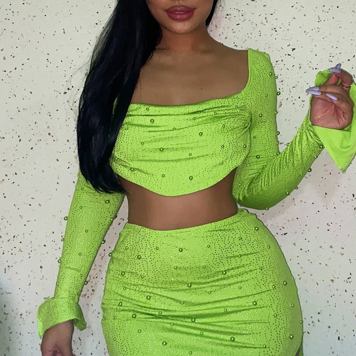 Damen Elegantes Crop-Top mit langen, transparenten Ärmeln und funkelnden Akzenten Echo Archiv