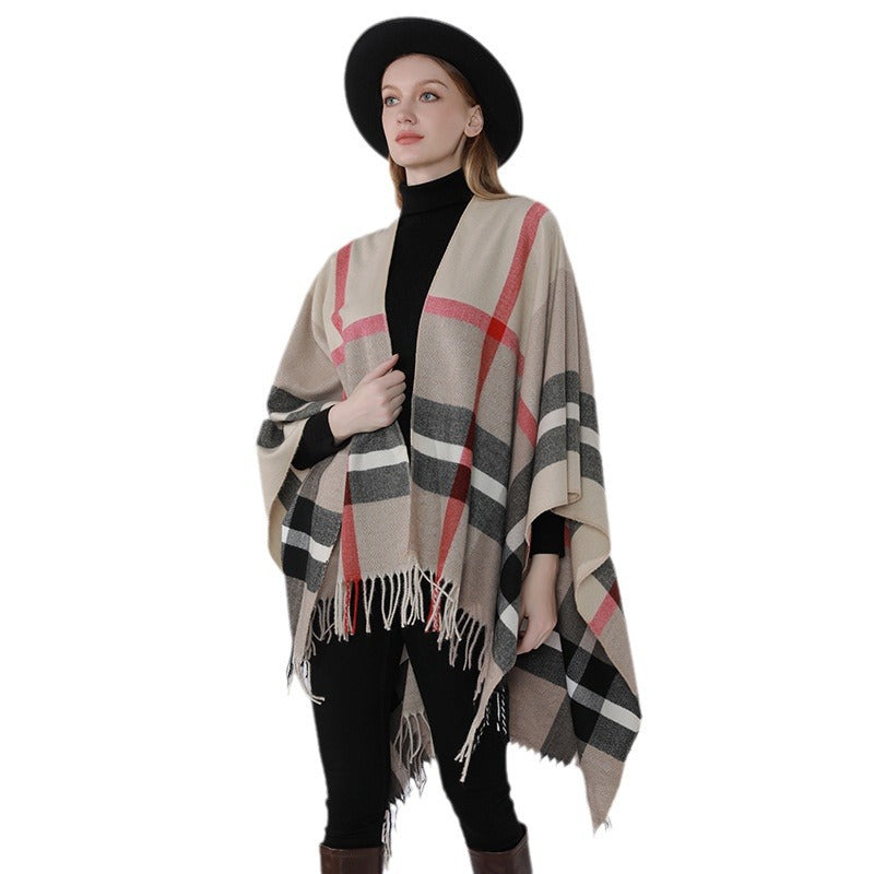 Damen Oversize-Poncho im Kaschmir‑Touch mit V‑Ausschnitt und Fransensaum Echo Archiv