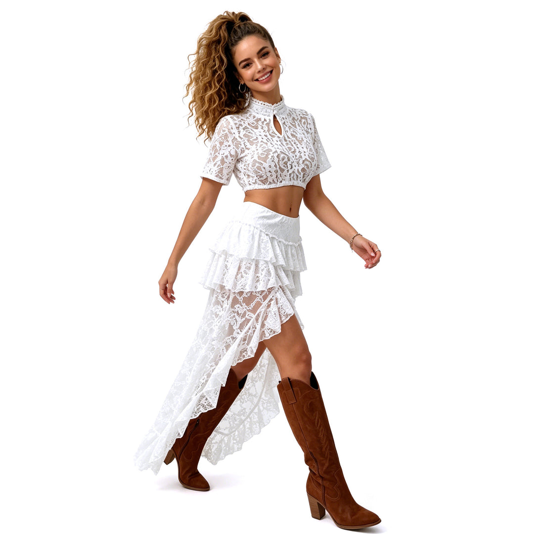 Damen nan Spitzen-Cropped-Bluse mit Stehkragen und keyhole-Detail Echo Archiv