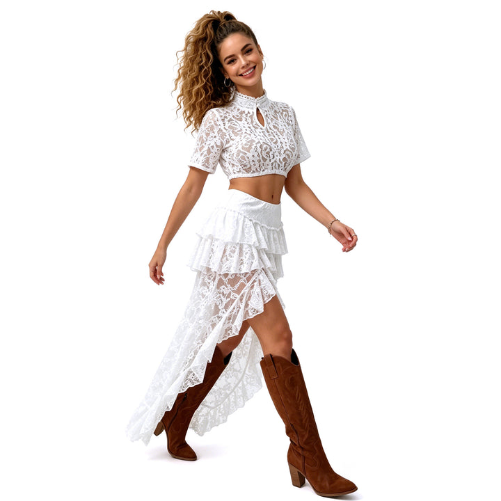 Damen nan Spitzen-Cropped-Bluse mit Stehkragen und keyhole-Detail Echo Archiv