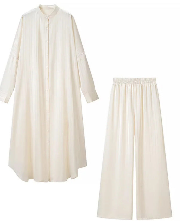 Damen Zweiteiliges fließendes Hemdblusen‑Maxikleid mit durchgehender Knopfleiste und passender elastischer Palazzo‑Hose Echo Archiv