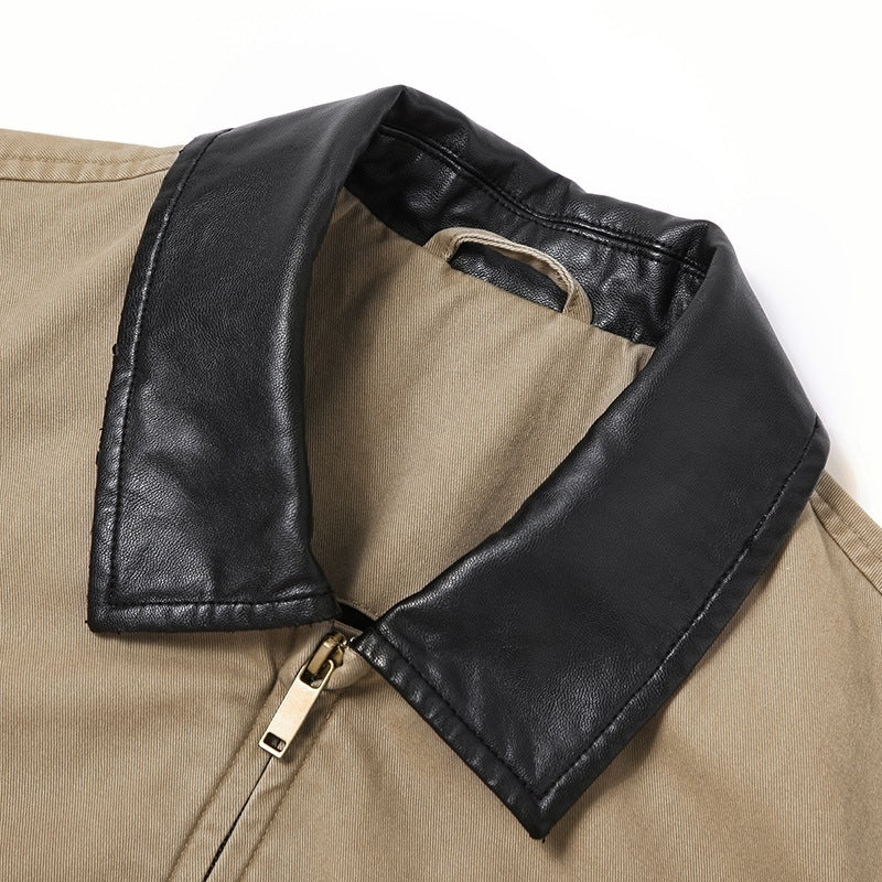 Herren Boxy-Denim-Überhemdjacke mit Lederkragen, Brusttasche mit Reißverschluss & elastischem Saum Echoarchiv