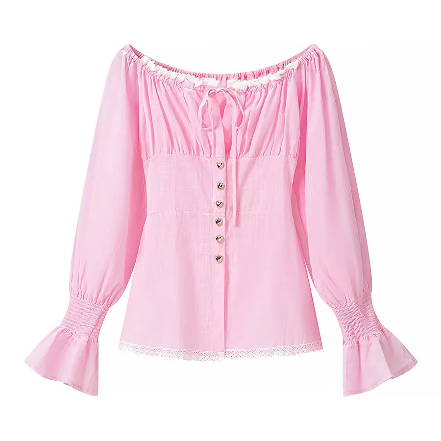 Damen nan zweiteiliges schulterfreies Schlafanzug-Set mit Spitzenbesatz, Herzknopf-Leiste und elastischer Shorts-Bund Echo Archiv