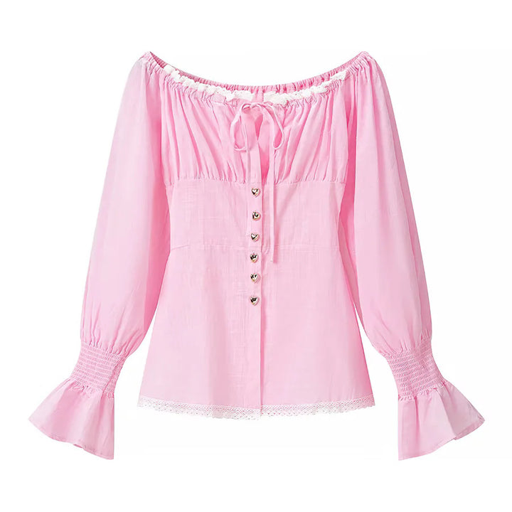 Damen nan zweiteiliges schulterfreies Schlafanzug-Set mit Spitzenbesatz, Herzknopf-Leiste und elastischer Shorts-Bund Echo Archiv