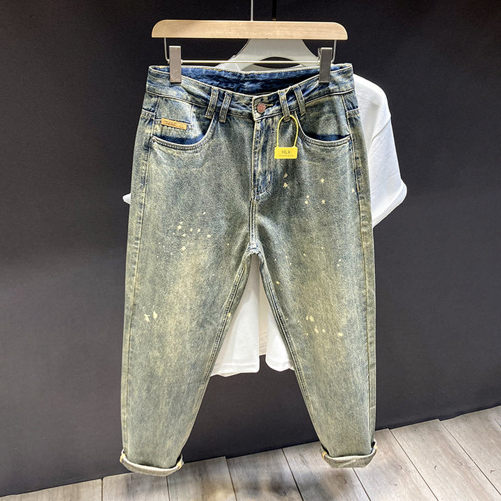 Herren Relaxed-Tapered Vintage-Jeans mit Paint‑Splatter, hohem Bund und umgeschlagenem Saum Echoarchiv