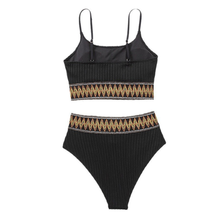 Damen hoch tailliertes Bikini-Set mit strukturiertem Oberteil und dekorativem Zickzackmuster Echo Archiv