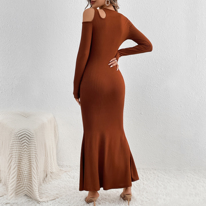 Damen geripptes Meerjungfrauen-Maxikleid mit Cold-Shoulder Cutouts, sculptender Passform und ausgestelltem Saum – Valéora
