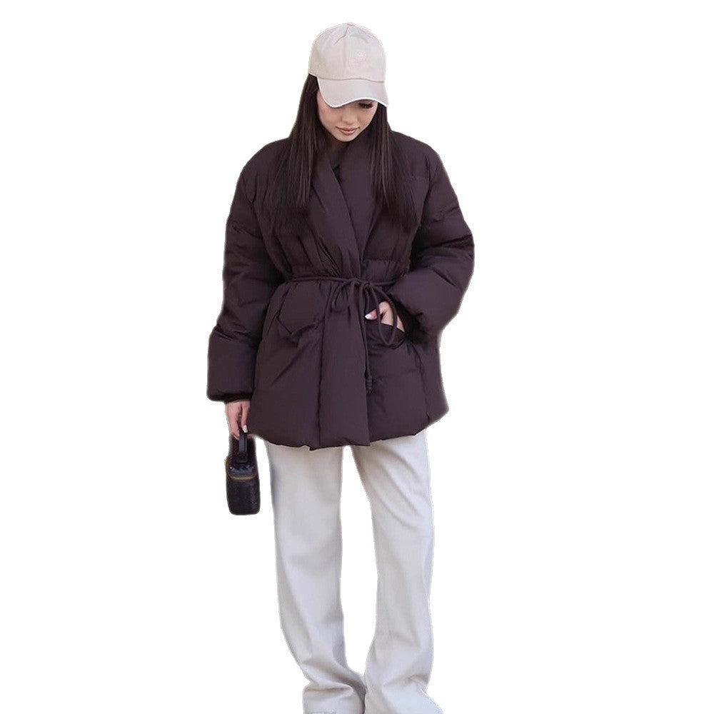Damen Gesteppte Taillierte Steppjacke mit Schalkragen und Bindegürtel Echoarchiv