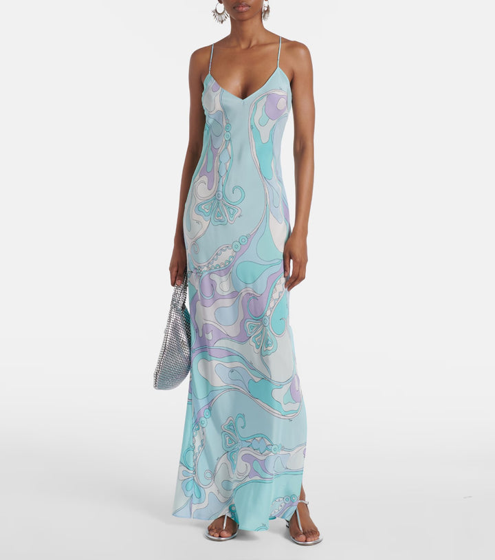Damen nan elegantes Slip-Maxikleid mit V-Ausschnitt, filigranen Spaghettiträgern und retro-grafischem Allover-Print Echo Archiv