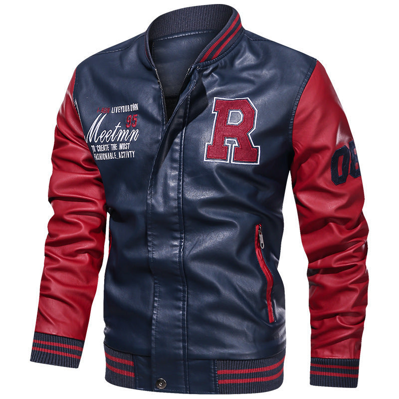 Herren Kunstleder-College-Bomberjacke mit kontrastierenden Ärmeln, Buchstabenpatch und Reißverschlusstaschen – Brevano