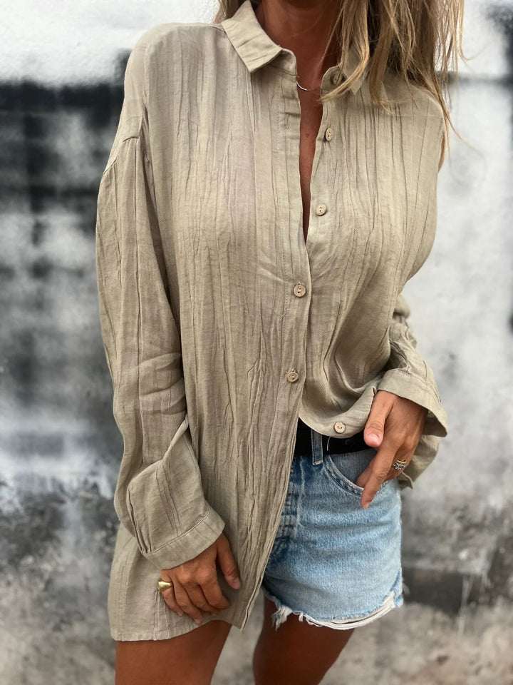 Damen lässige Oversize-Tunikahemd mit Leinenstruktur, Holzknopfleiste und verlängertem Saum – Avérine