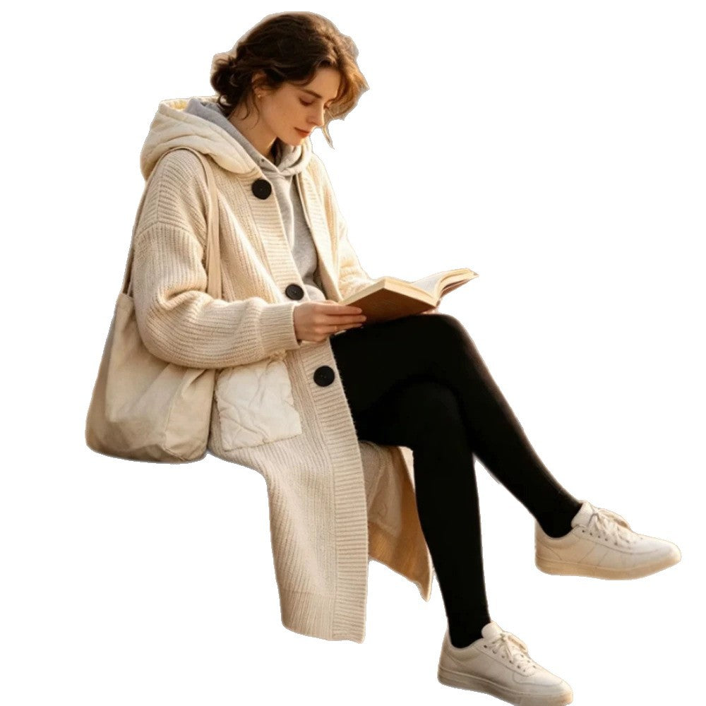 Damen Langer Grobstrick‑Mantel mit Kapuze, Rippbündchen & aufgesetzten Taschen Echoarchiv