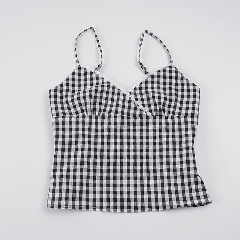 Damen V-Ausschnitt Vichy-Trägertop mit Spitzendetails Echo Archiv
