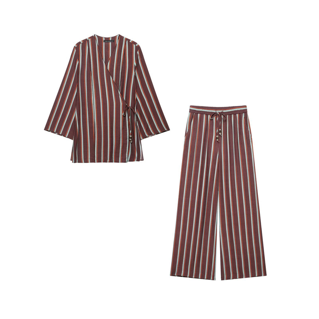 Damen Gestreiftes Wickel-Kimono-Set mit weiter Palazzo-Hose Echo Archiv