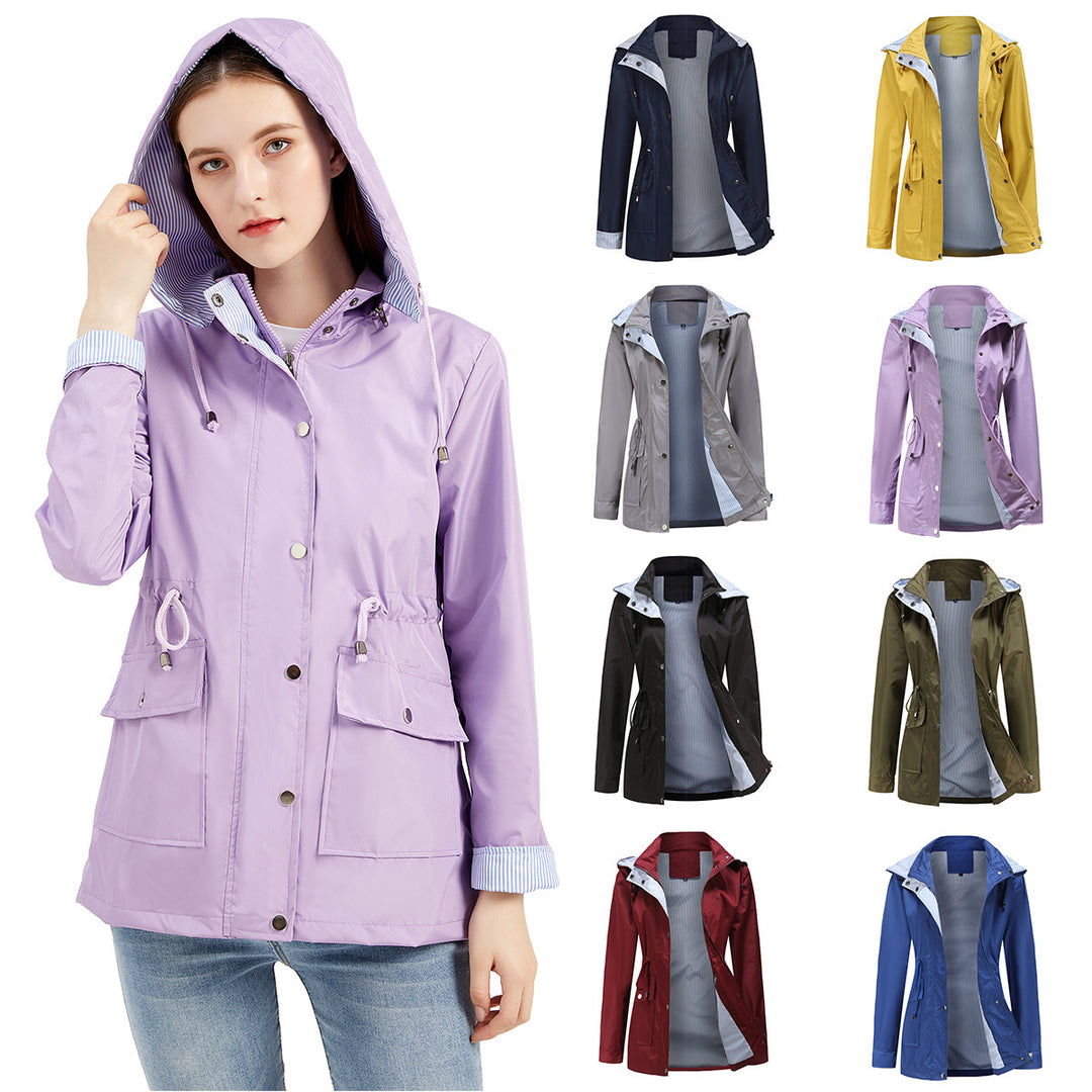 Damen nan leichte wasserdichte Regenjacke mit Kapuze und Taillenzug Echo Archiv