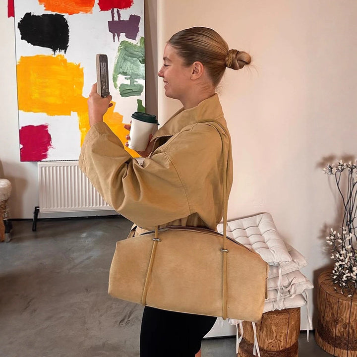 Damen Kurze Taillierte Canvas-Jacke mit Bindegürtel und überschnittenen Schultern Echoarchiv
