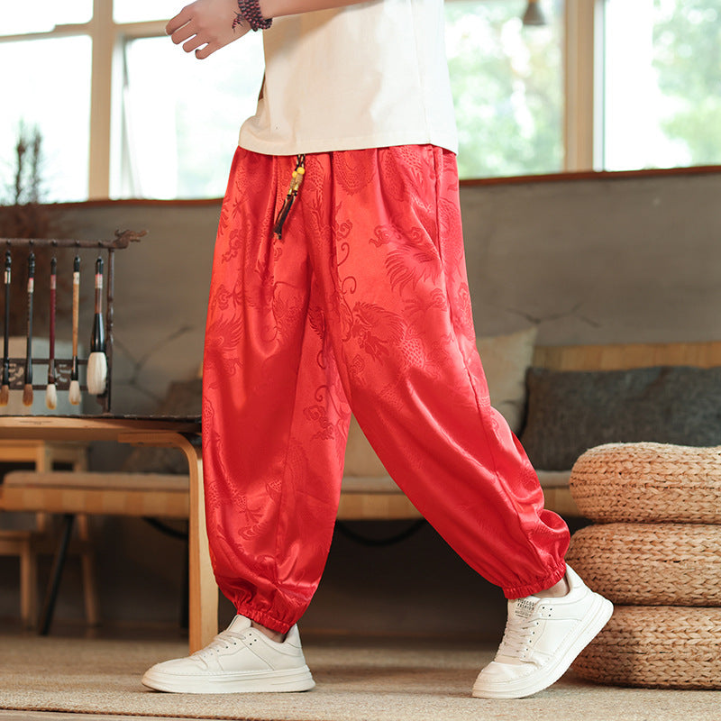 Herren nan weite Jacquard-Satin-Haremshose mit Tunnelzug, elastischen Bündchen und traditionellem Drachenmotiv Echo Archiv