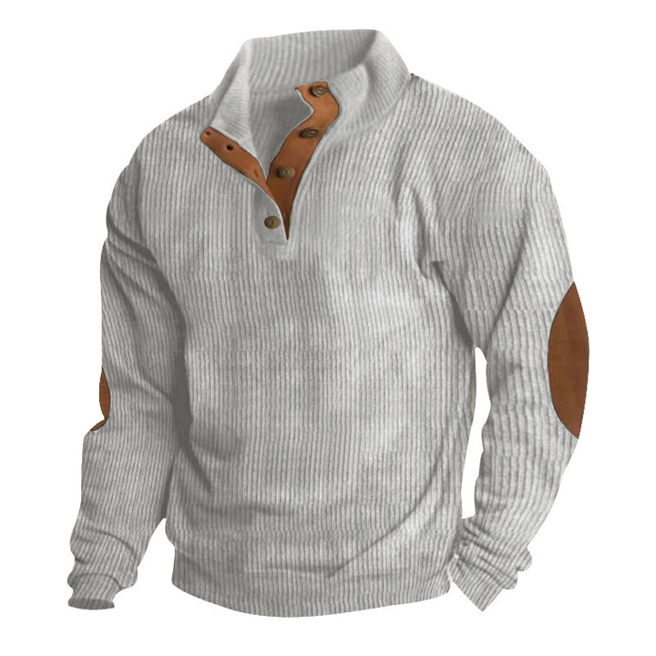 Herren nan grober Rippstrick-Pullover mit Stehkragen, Knopfleiste und markanten Ellenbogenpatches Echo Archiv