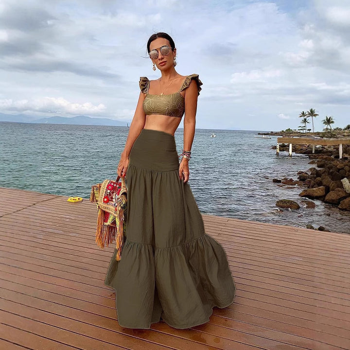 Damen Crop-Top und Rock Set mit Rüschen und floralem Muster Echo Archiv