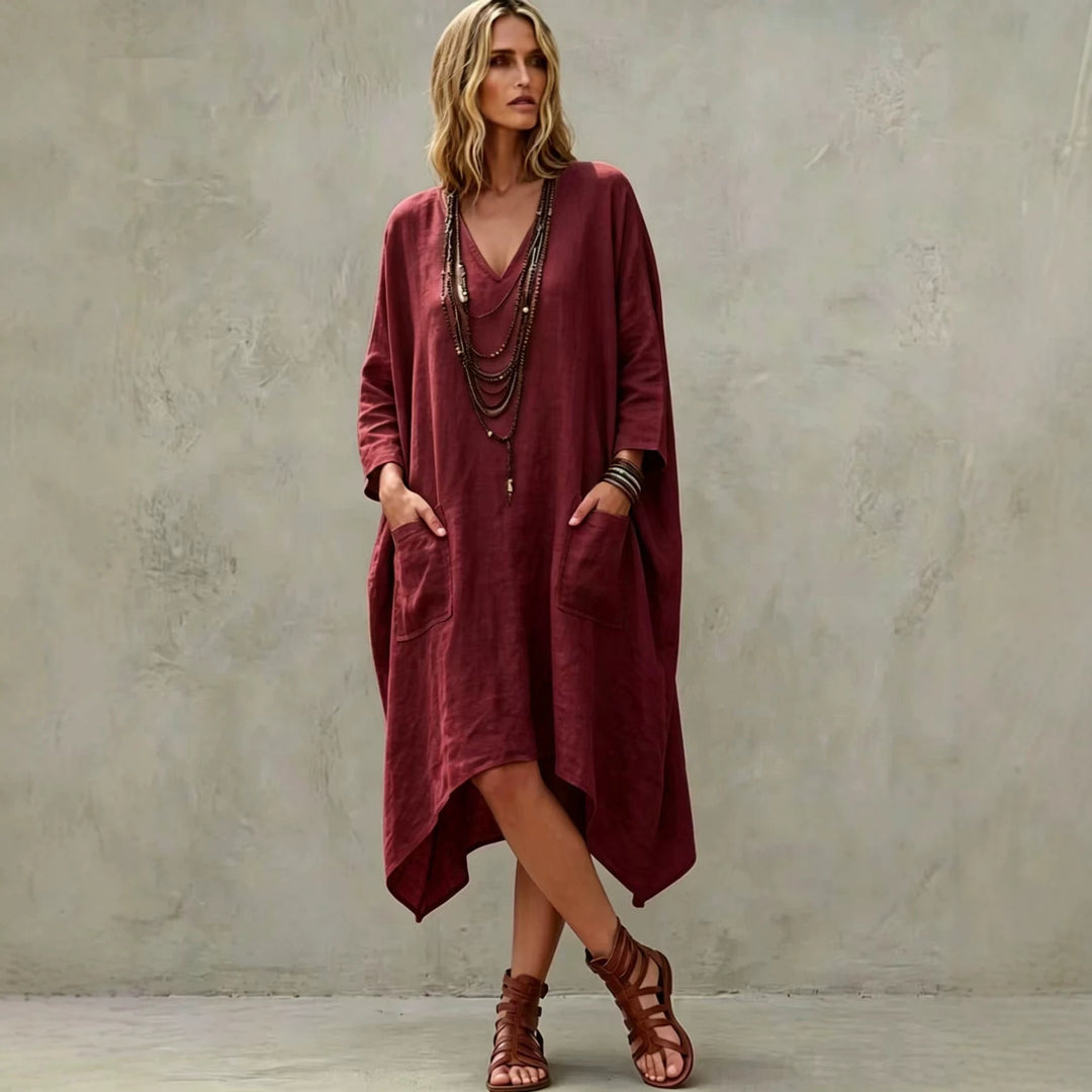Damen nan Oversize Kaftankleid mit V-Ausschnitt, Eingrifftaschen und asymmetrischem Saum Echo Archiv