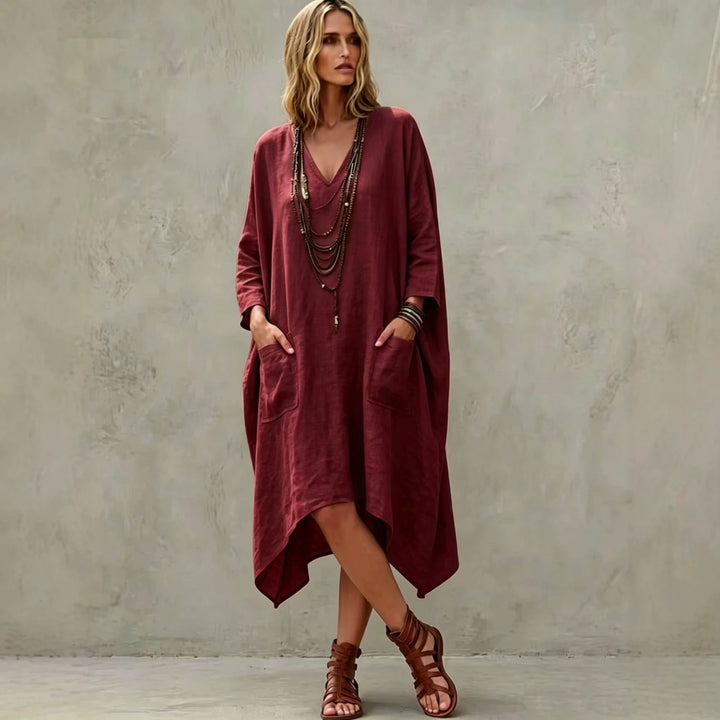Damen nan Oversize Kaftankleid mit V-Ausschnitt, Eingrifftaschen und asymmetrischem Saum Echo Archiv