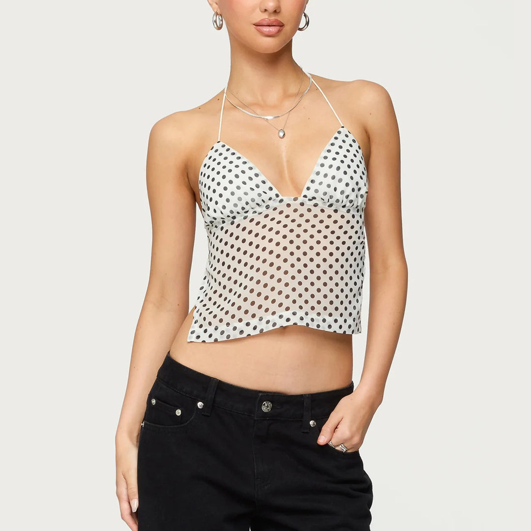 Damen Transparente Bluse mit Punktmuster und dehnten Trägern Echo Archiv
