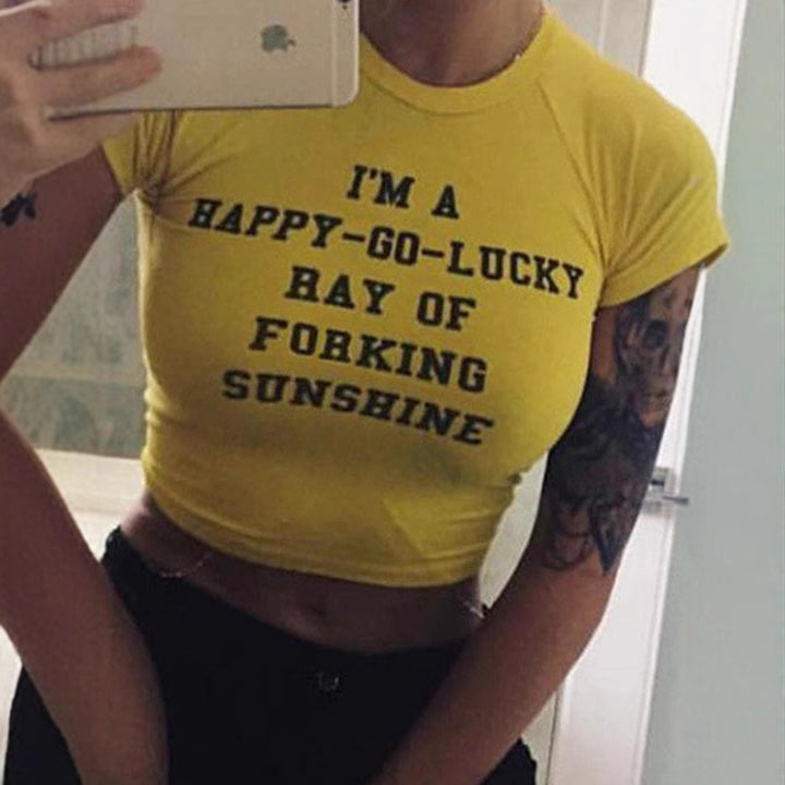 Damen Crop-Top mit kreativem Spruch und körperbetontem Schnitt Echo Archiv