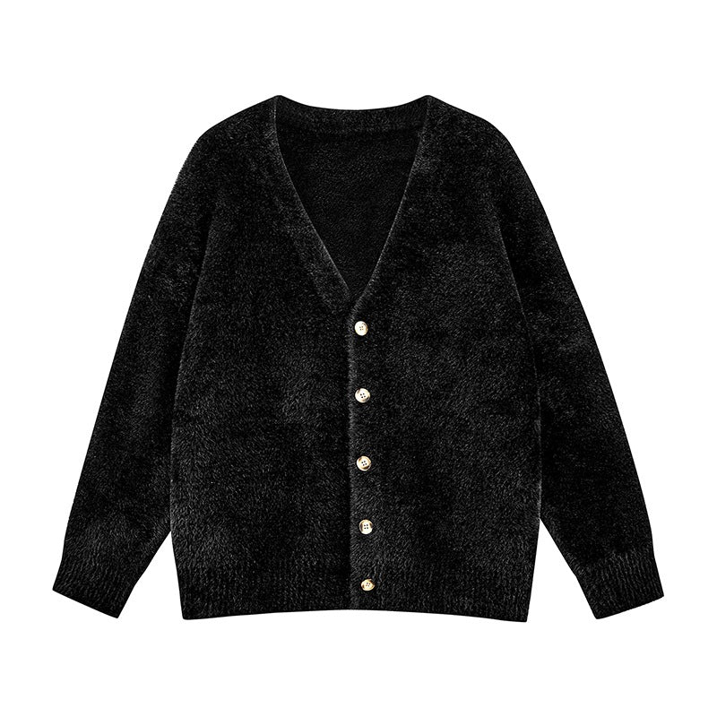 Damen Oversize Teddy-Strickcardigan mit V‑Ausschnitt und Holzknöpfen Echoarchiv