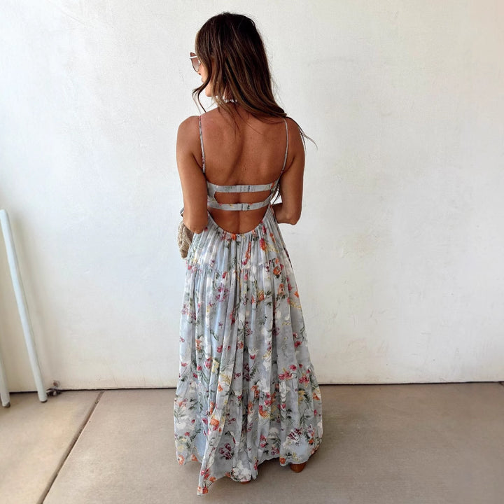 Damen nan trägerloses Korsagen-Maxikleid mit Herzausschnitt, gestuftem Volantrock und nostalgischem Toilemotiv Echo Archiv