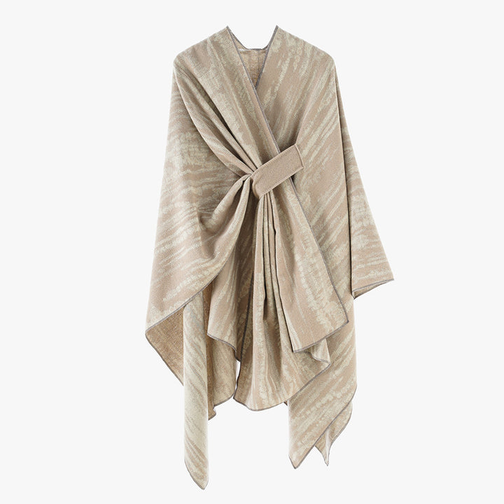 Damen Jacquard-Cape-Überwurf mit strukturierter Wellenoptik, Bindegürtel und asymmetrischem Zipfelsaum – Montévia