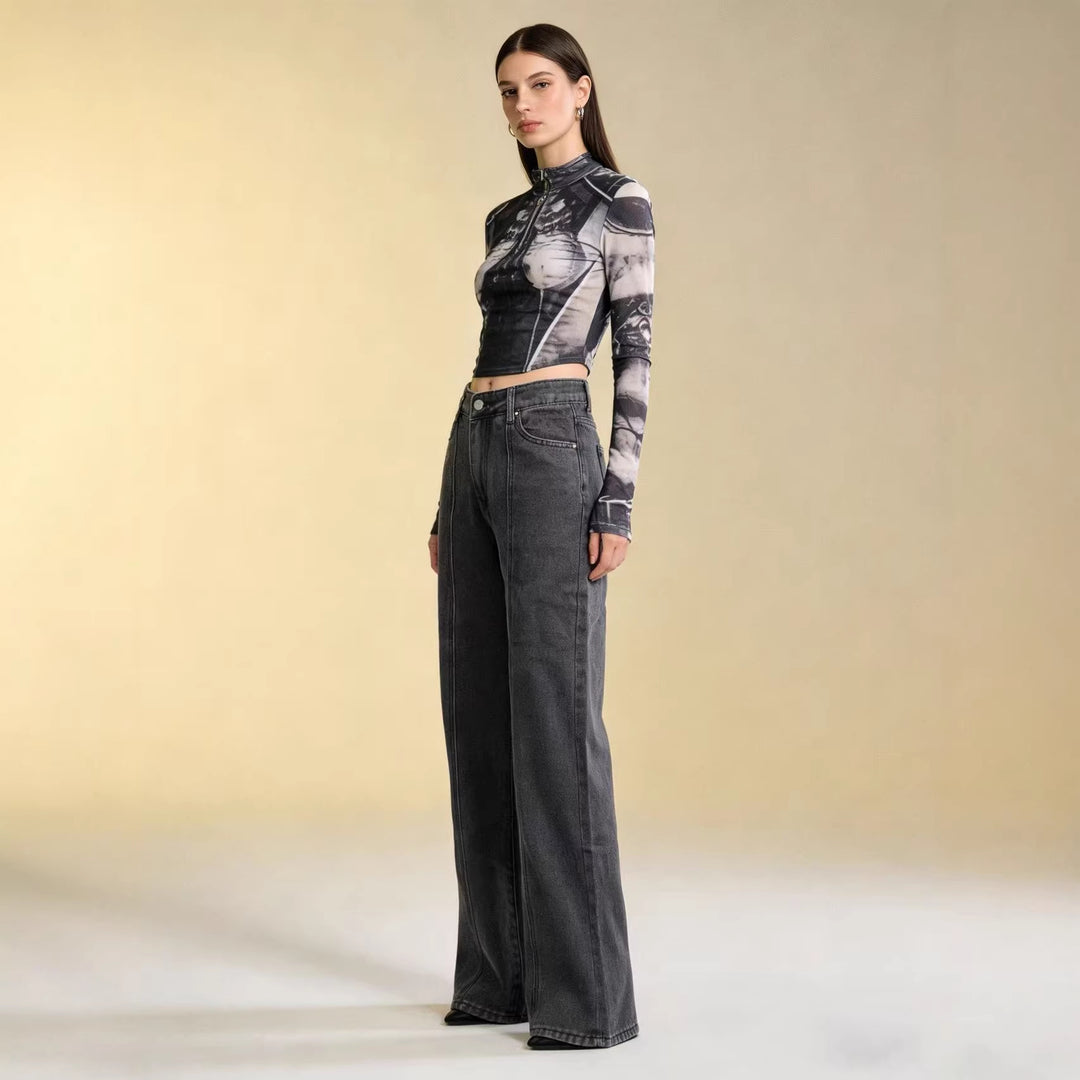 Damen Hoch taillierte weite Jeans mit raffinierten Nahtdetails Echo Archiv