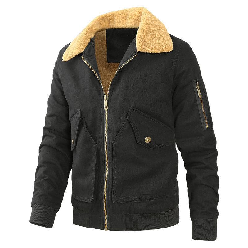 Herren Canvas-Bomberjacke im Arbeitsjacken-Stil mit wärmendem Lammfleecekragen und Mehrfachtaschen – Brevano