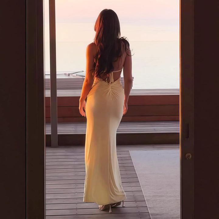 Damen Elegantes Maxikleid mit asymmetrischem Ausschnitt und Schlitz Echo Archiv