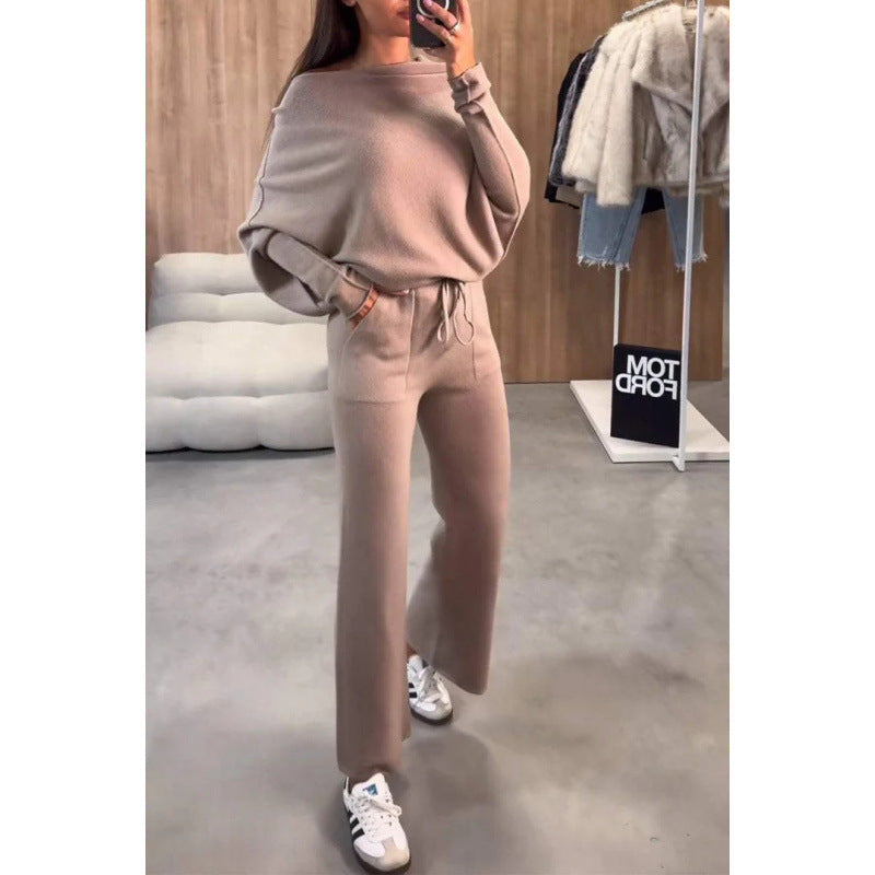 Damen Strick-Loungewear-Set mit Oversize-Schulter, weitem Bein und Kordelzug Echo Archiv