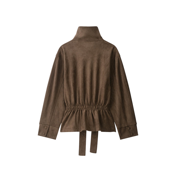 Damen Kurze Velourslederjacke mit hohem Stehkragen und Bindegürtel Echo Archiv