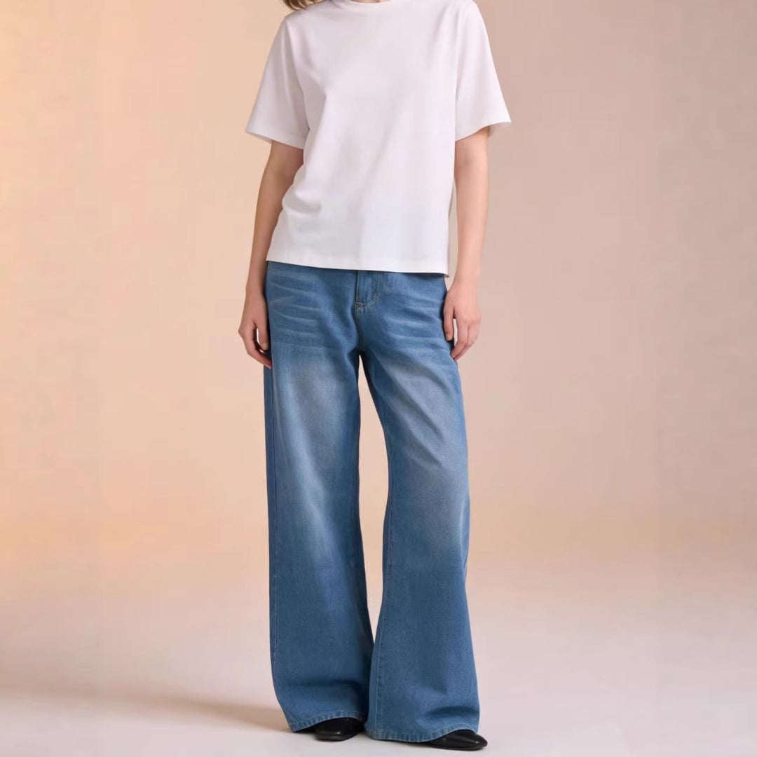 Damen weite Denim-Hose mit Vintage-Waschung und hoch geschnittenem Bund Echo Archiv