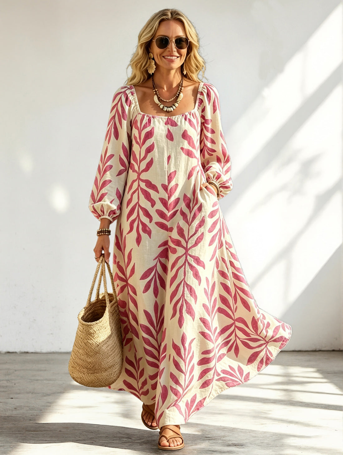 Damen Maxikleid mit quadratischem Ausschnitt, Ballonärmeln und botanischem Print Echoarchiv