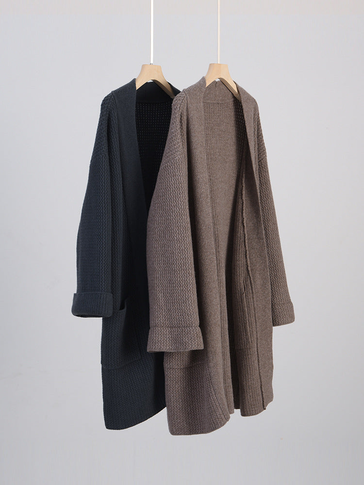 Damen Langer Oversize-Strickcardigan mit Strukturmuster und aufgesetzten Taschen Echoarchiv