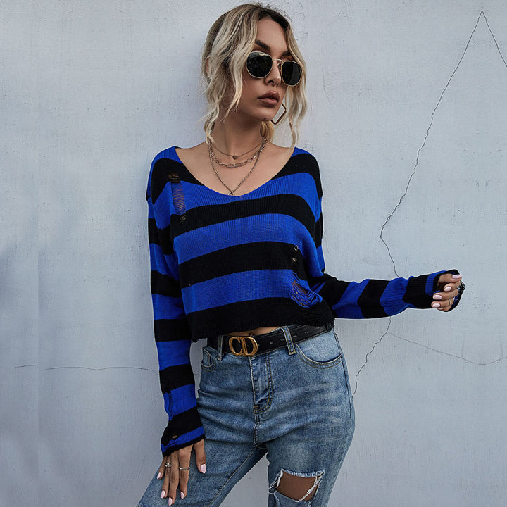Damen Lässiger Crop-Pullover mit Streifen und Destroyed-Details Echo Archiv