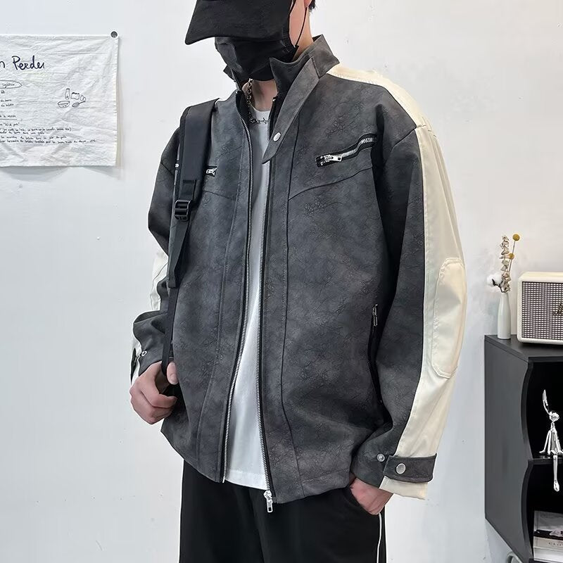 Herren Kontrastärmeliges Oversized Kunstleder-Utility-Jacke mit Stehkragen Echoarchiv